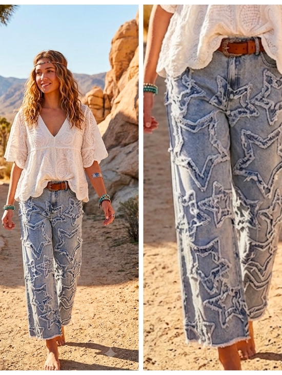 Denim - Boho Star Appliqué Wide-Leg Jeans - Light Blue
